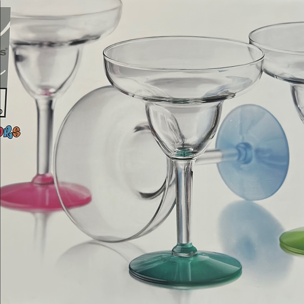 6 Vibrant Glass Margarita Glasses, NEW IN BOX! Keep or give as the perfect gift!